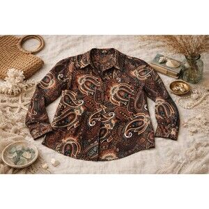 Haver London Boho Paisley Silky Button Front Blouse Long Sleeve Size M/L